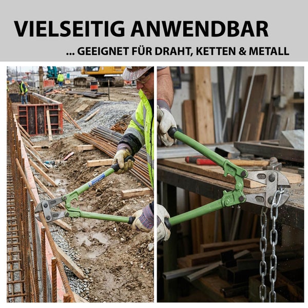Bolzenschneider im Einsatz auf einer Baustelle zum Schneiden von Bewehrungsstahl und Metallketten.