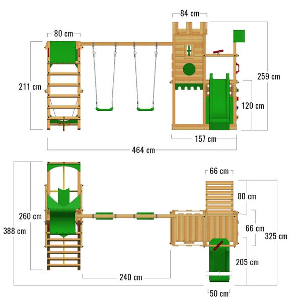Fatmoose Spielturm Klettergerüst BoldBaron mit Surfanbau, Doppelschaukel und Rutsche  – apfelgrün