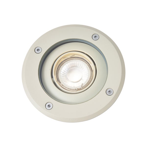 LED Bodeneinbaustrahler rund mit Glasabdeckung und sichtbaren Schrauben.