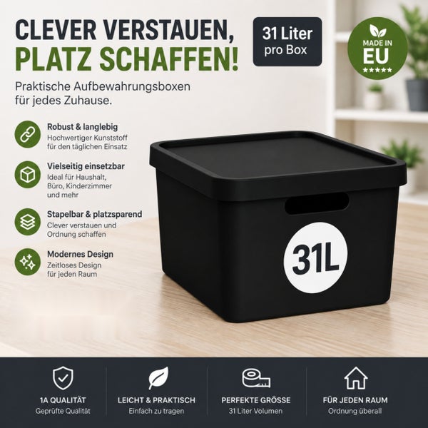 Stapelbare Aufbewahrungsbox aus Kunststoff mit 31 Liter Volumen für Haushalt, Büro und Kinderzimmer.