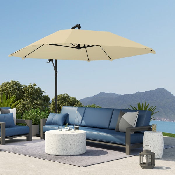 Outsunny Ampelschirm Alu Ø 260 cm Sonnenschirm, wasserdicht Kurbelschirm mit Ständer, Kurbel, Windsicherung, neigbar Marktschirm kippbar Gartenschirm Sonnenschutz für Balkon Garten Terrasse Beige