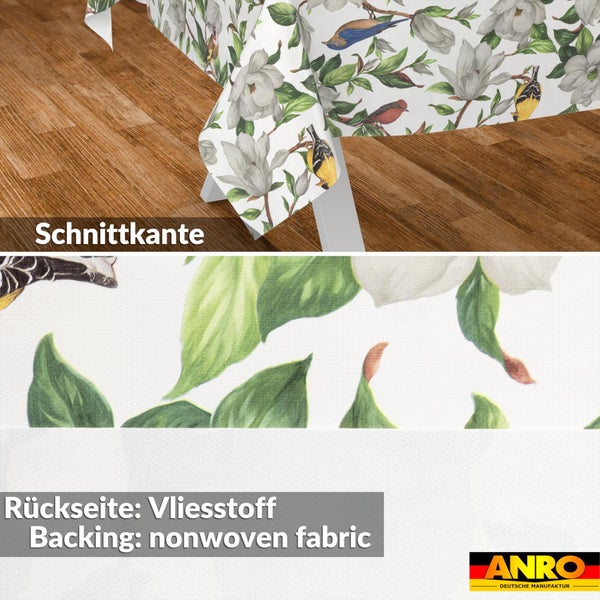 Abwischbare Tischdecke mit Magnolien- und Vogelmuster, Schnittkante und Vliesstoff-Rückseite. ANRO Logo.