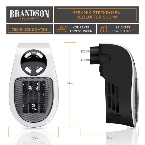 Brandson 500W Steckdosen Heizlüfter, Mini Keramikheizgerät mit Fernbedienung, Überhitzungsschutz, Automatische Abschaltung, Schwarz