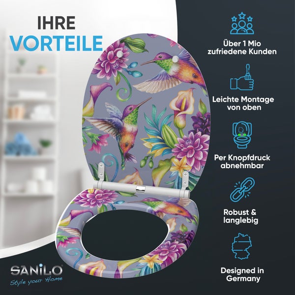 Sanilo WC-Sitz mit Kolibri- und Blumenmotiv, Montage von oben, per Knopfdruck abnehmbar, robust, langlebig, entworfen in Deutschland, Sanilo Logo.