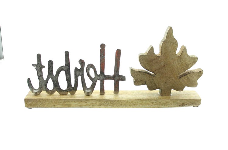 Dekorationsobjekt mit dem Wort Herbst und Ahornblatt aus Holz