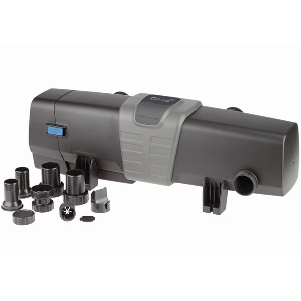 UVC-Klärgerät aus Kunststoff mit Oase Logo und verschiedenen Schlauchanschlüssen für die Teichreinigung.