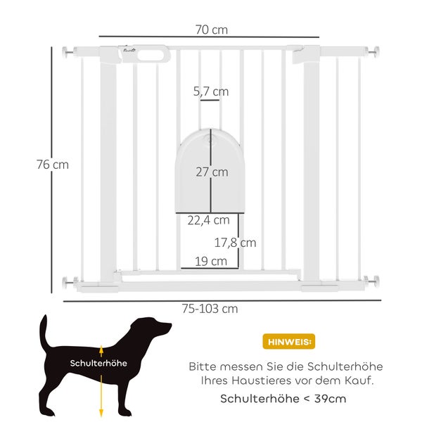 Tierschutzgitter mit Kleintiertür, Höhe 76 Zentimeter, Breite 75 bis 103 Zentimeter, Türöffnung 27 mal 19 Zentimeter, für Tiere bis 39 Zentimeter.