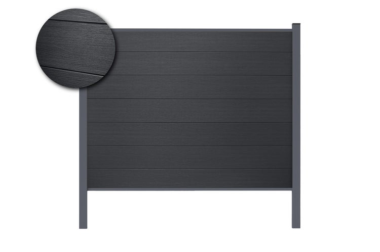 Sichtschutzzaun in Anthrazit mit horizontalen Lamellen und Detailansicht der Holzmaserung.