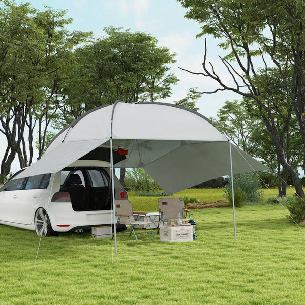 Outsunny Heckzelt Auto Autozelt Wasserdichtes Auto Markisen Zelt inkl. Stahlgestell, Regenschutz, Sonnenschutz, Leichte Tragbare für Lkw, Wohnmobil, Van, Outdoor Camping Reisen, 3 x 2,6 x 2,3-2,6 m
