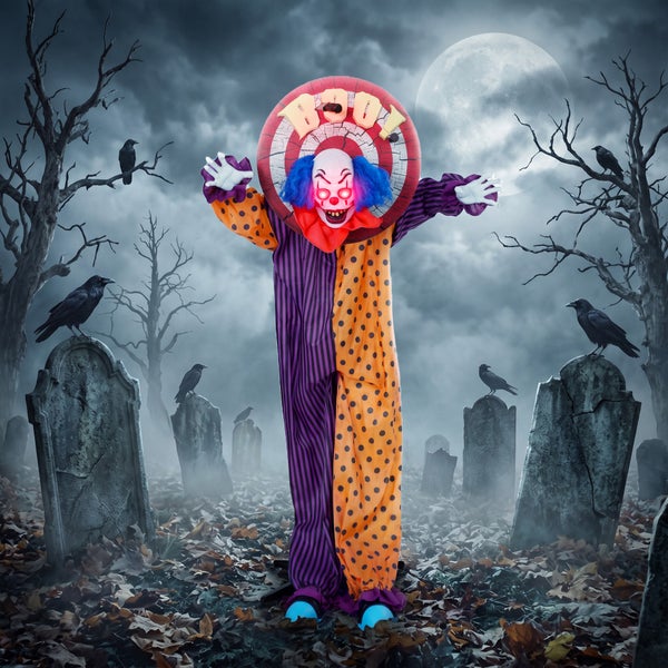 Animierte Halloween Gruselfigur Clown mit leuchtenden Augen und Boo Schild für den Außenbereich