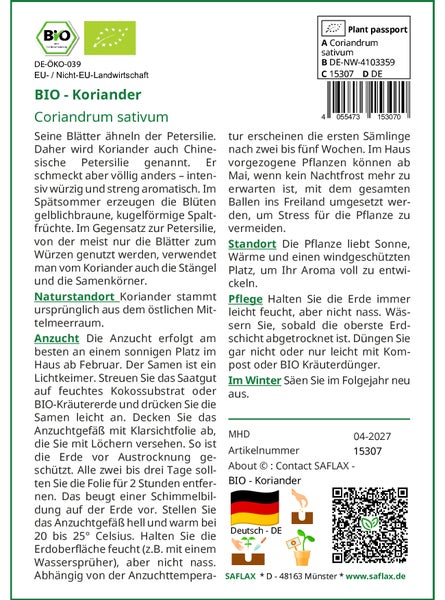 SAFLAX Garden to go - BIO - Koriander - Coriandrum sativum - 150 Samen - Mit Topf, Klima - Deckel und Anzuchtsubstrat