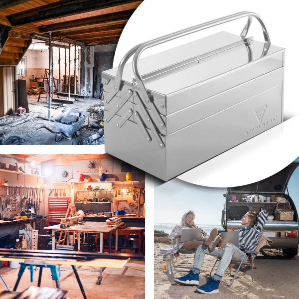 Collage mit Werkzeugkiste, Baustelle, Werkstatt und Personen am Strand.