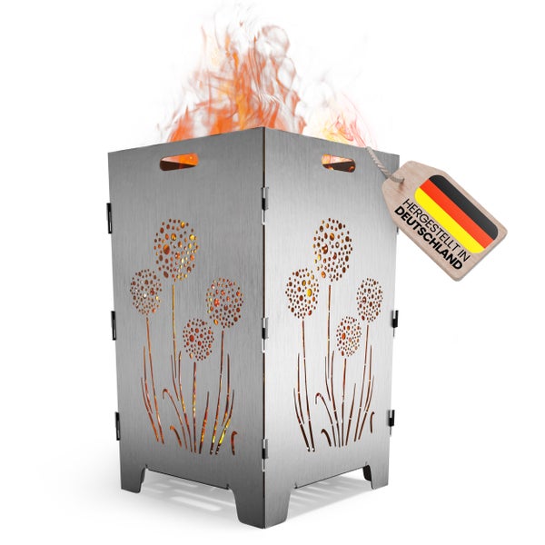 Feuerstelle aus Stahl mit Löwenzahn-Motiv und Anhänger 'Hergestellt in Deutschland'