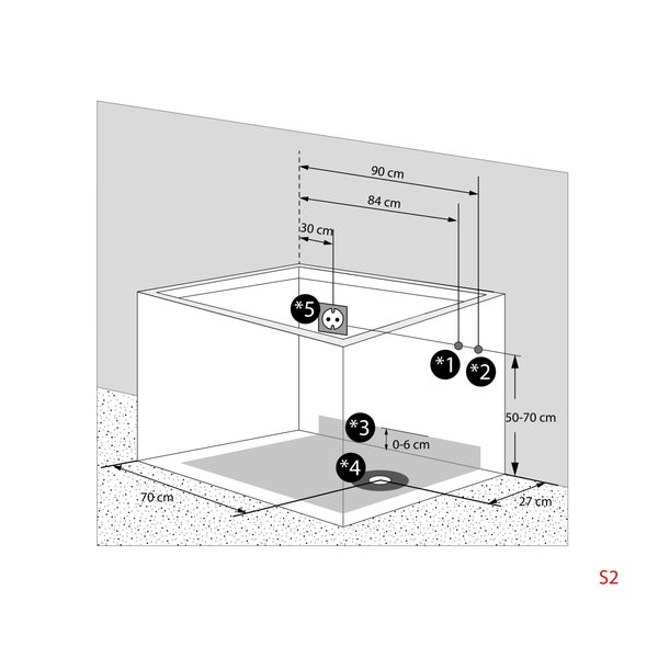Installationsschema für eine Dusche mit Maßangaben
