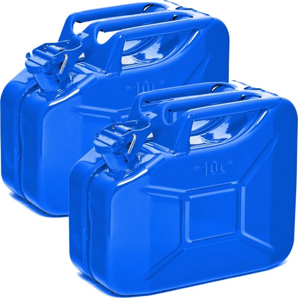 Zwei blaue 10-Liter-Kraftstoffkanister aus Stahl