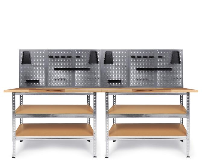 Werkbank mit Lochwand und Regalen zur Werkzeugaufbewahrung