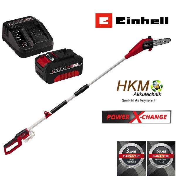 Einhell Akku-Hochentaster Set mit Power X-Change Akku, Ladegerät, 3 Jahre Garantie nach Online-Registrierung und Einhell Logo.
