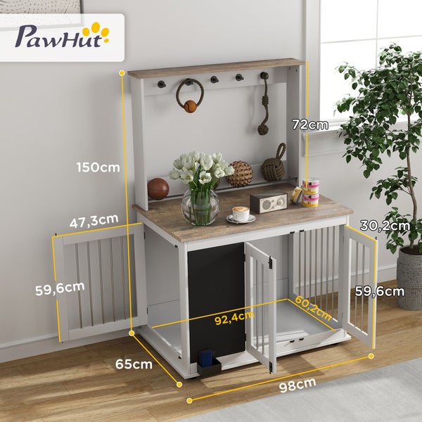 PawHut Hundekäfig für Zuhause, Hundehaus mit Haken, 3 Türen, Hundebox mit Aufbewahrungsregal für Spielzeug, Radiergummi, Schreibtafel, für große Hunde, Weiß