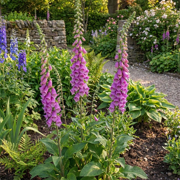 Drei blühende Fingerhut-Pflanzen in einem hellen, gepflegten Garten mit Natursteinmauer und Kiesweg.