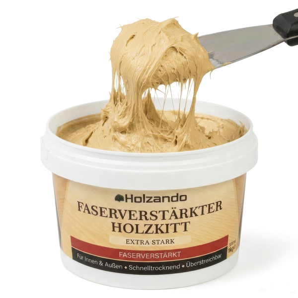 Holzando faserverstärkter Holzkitt in einer Dose, mit einem Spachtel zur Demonstration der faserigen Konsistenz herausgehoben.