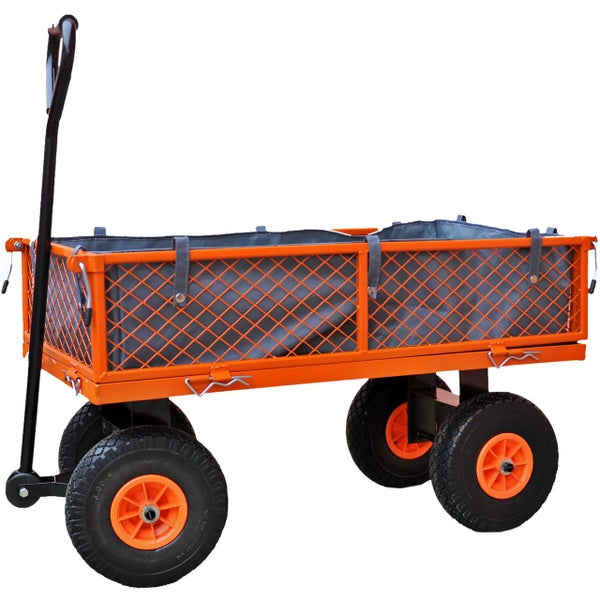 Bollerwagen aus Metall mit Luftreifen und Zugstange, orangefarbener Gitterrahmen mit grauer Innentasche.