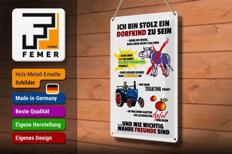 Blechschild Spruch 20x30cm Stolz Dorfkind zu sein weißes