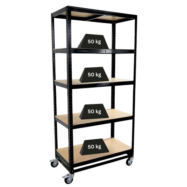 PROREGAL Mega Deal 2x Kommissionierwagen BÜFFEL Fahrbares Kommissionierregal 192x90x50cm 5 Ebenen Fachlast 50kg 2X Lenkrollen & 2X Lenkrollen mit Feststellbremse Schwarz