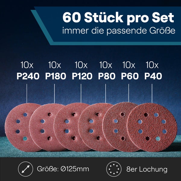 WERKSTEIN 60 Stück Schleifpapier 125mm Klett - Je 10x P40/60/80/120/180/240 Exzenterschleifer 125mm Schleifpapier, 8 Löcher - 125mm Schleifscheiben 125mm Klett für Metall, Holz uvm.