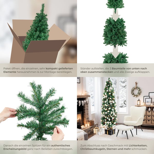 Montageanleitung für einen künstlichen Weihnachtsbaum in vier Schritten: Auspacken, Zusammenstecken, Zweige ausrichten und festlich schmücken.