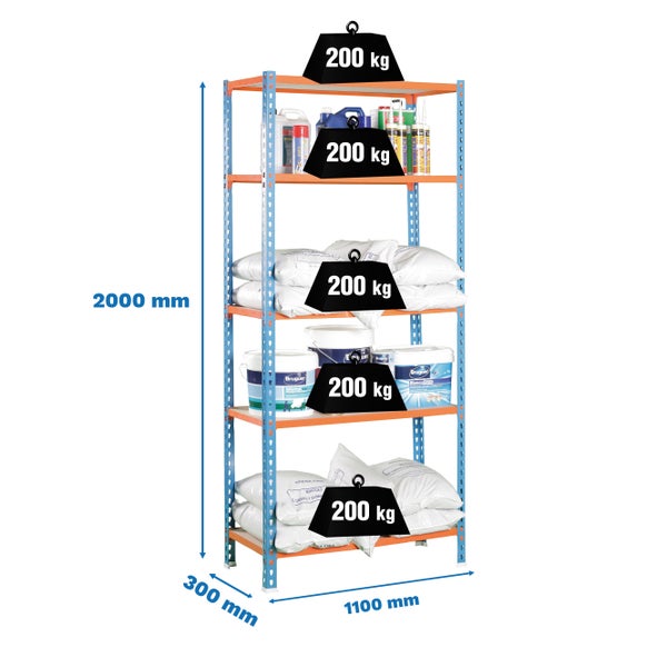 PROREGAL Schwerlastregal Big Muli HxBxT 200 x 110 x 30 cm 5 Fachböden Fachlast 200 kg Blau-Orange