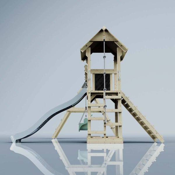 Spielturm aus Holz mit Rutsche, Schaukel, Kletterwand und Leiter für den Garten.