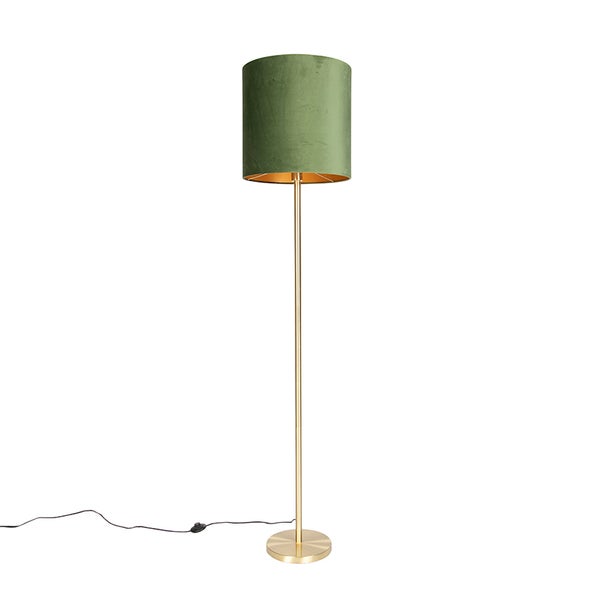 QAZQA - Modern Botanische Stehlampe Messing mit grünem Schirm 40 cm - Simplo I Wohnzimmer I Schlafzimmer - Textil Zylinder I Länglich - LED geeignet E27