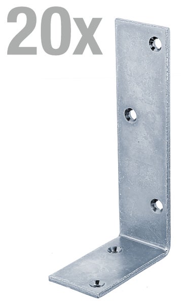Set aus 20 Flachwinkeln aus verzinktem Stahl mit Bohrungen zur stabilen Eckverbindung von Holzbauteilen.