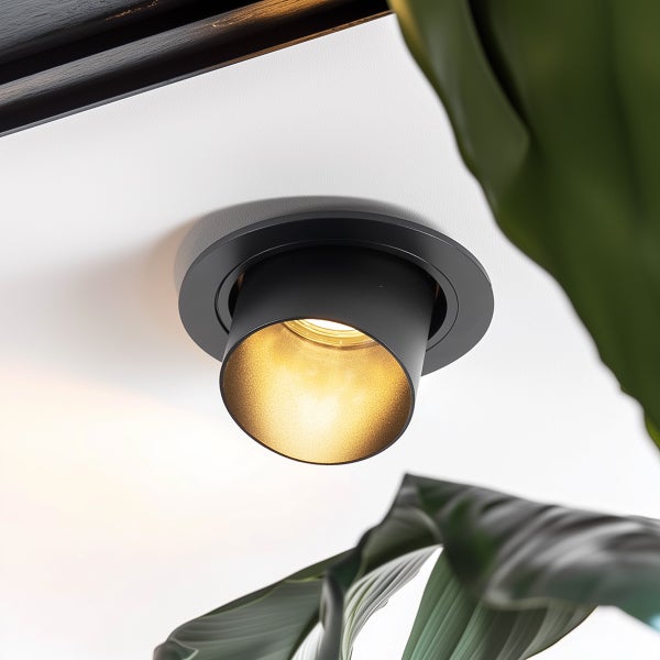 Schwarzer, schwenkbarer Einbaustrahler mit warmweißem Licht.