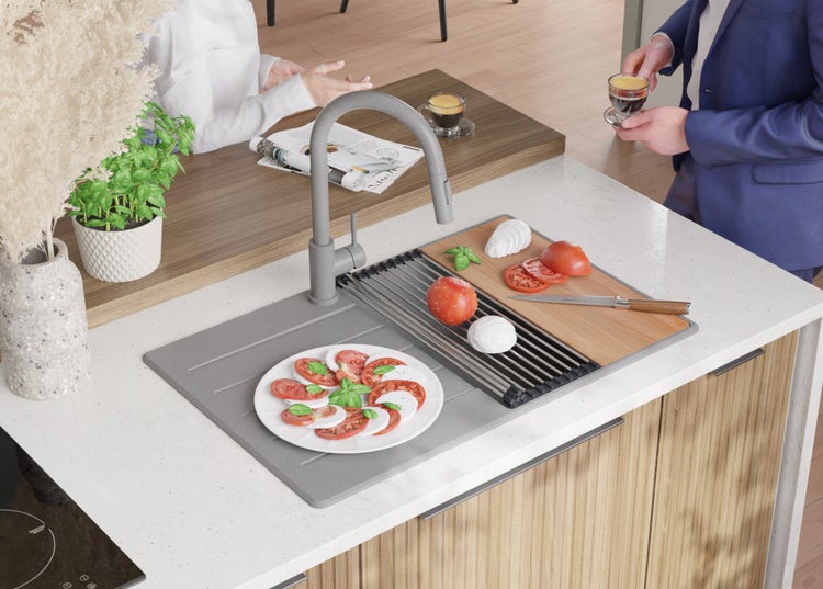PRIMAGRAN Spülbecken Grau 78x50cm, Granitspüle 1 Becken + Ablauf-Set + Schneidebrett, Küchenspüle ab 50er Unterschrank - Kopenhagen