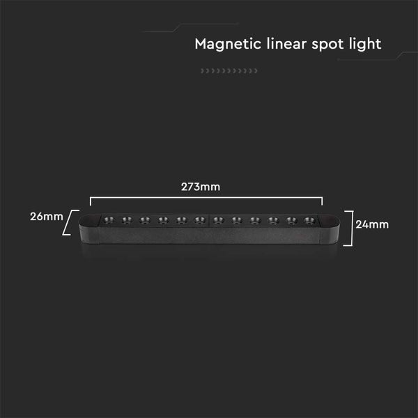 Magnetischer linearer Strahler mit den Maßen 273 mm Länge, 26 mm Breite und 24 mm Höhe.