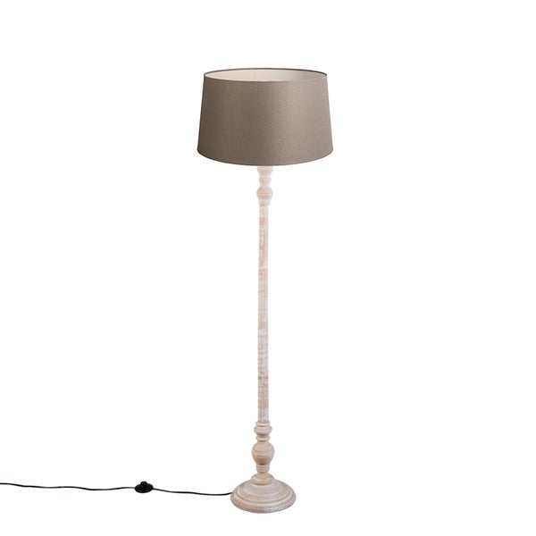 QAZQA - Klassisch I Antik Land Stehlampe taupe mit Leinenschirm 45 cm - Classico I Schlafzimmer - Holz Zylinder I Länglich - LED geeignet E27