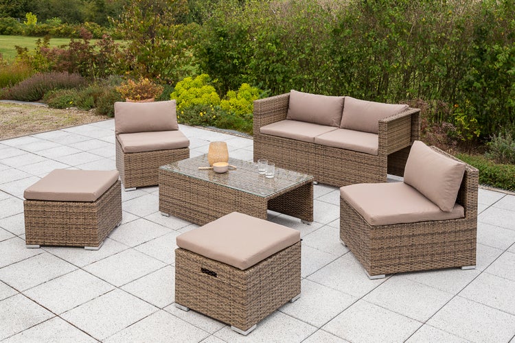Vigo Gartenlounge Set, 1 Bank, 2 Sessel, 2 Hocker, inkl. Auflagen, 1 Tisch