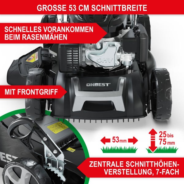 ONBEST Benzin-Rasenmäher mit 53 Zentimeter Schnittbreite, Frontgriff und zentraler Schnitthöhenverstellung von 25 bis 75 Millimeter.