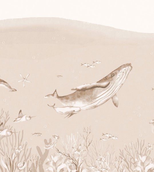 Illustration einer Unterwasserszene mit Walen, Fischen, Korallen und Seesternen