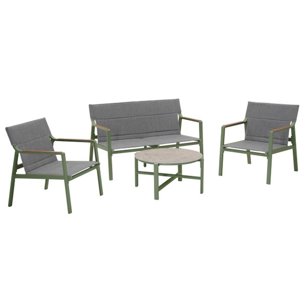 Garten-Lounge-Set aus Zweisitzer-Sofa, zwei Sesseln mit Holz-Armlehnen und rundem Tisch in Steinoptik, grünes Metallgestell und graue Polster.