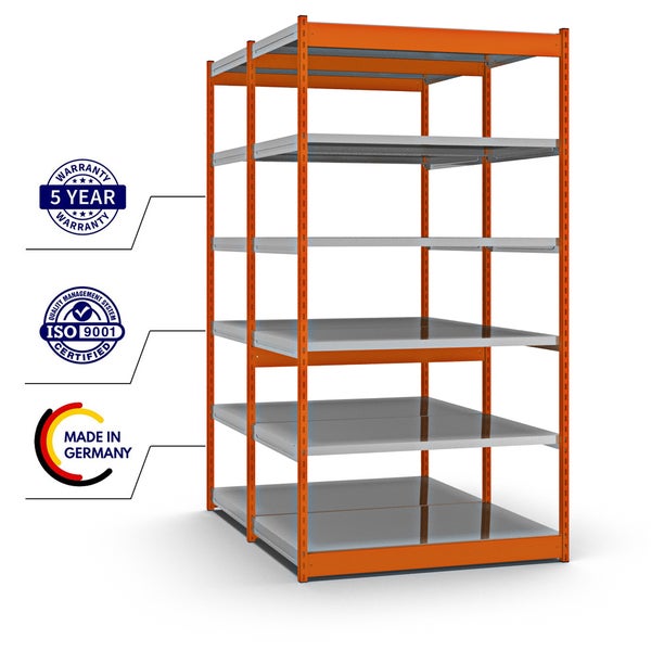 PROREGAL Fachbodenregal Stecksystem Vierkant-Profil Grundregal HxBxT 250 x 132,5 x 80 cm 2x6 Ebenen Doppelseitige Bauart Fachlast 200 kg Orange