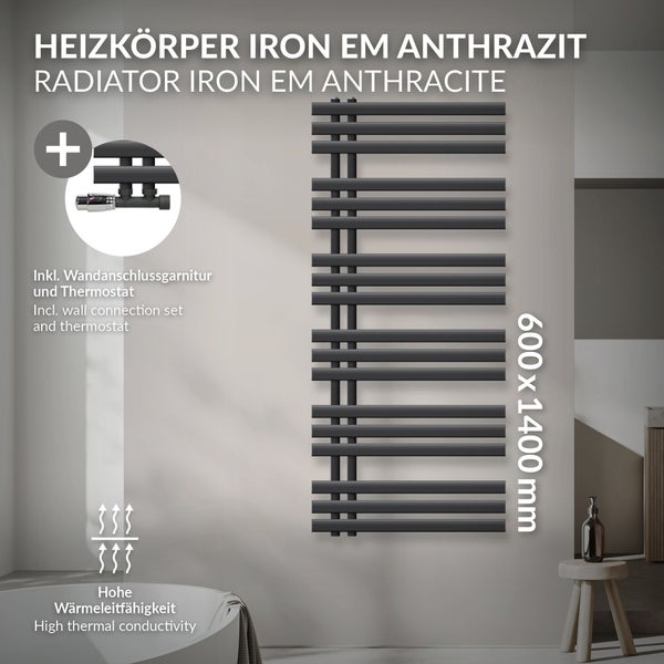 LuxeBath Badheizkörper Iron EM 600x1400 mm Anthrazit Mittelanschluss mit Anschlussgarnitur und Thermostat Eck Wand, Design Heizkörper Bad Heizung Handtuchwärmer Handtuchtrockner Handtuchheizkörper