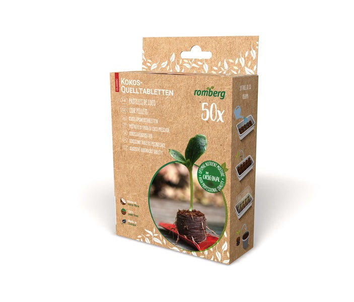 Romberg Kokos-Quelltabletten für Pflanzenanzucht – 50 Stück, Ø 36mm Anzucht-Substrat mit leichter Start-Düngung, Perfekt für Kräuter, Blumen & Gemüse