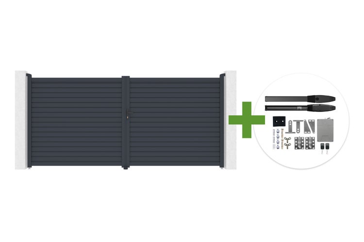 Zweiflügeliges Einfahrtstor aus Aluminium mit horizontalen Lamellen inklusive elektrischem Drehtorantrieb Set mit Handsendern und Zubehör.