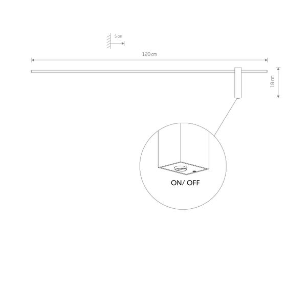 Technische Zeichnung einer Lampe mit den Maßen 120 cm Länge, 18 cm Höhe und 5 cm Tiefe sowie einem Ein- und Ausschalter