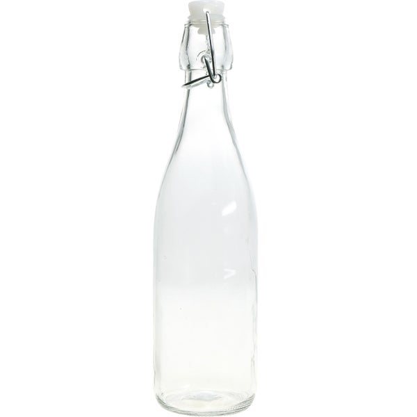 Transparente Glasflasche mit Bügelverschluss.
