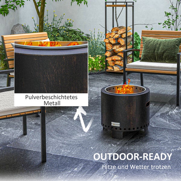 Outsunny Feuerschale, rauchfreier Tischfeuer, Ø45 cm Feuerstelle mit Griff, Schürhaken, Feuerkorb für Garten, Camping, Terrasse, Metall, Schwarz