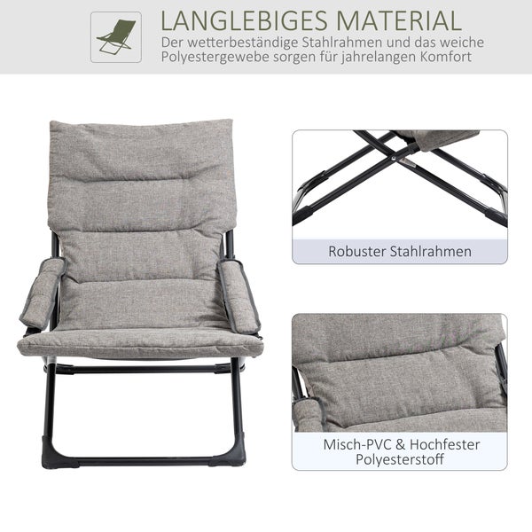 Gepolsterter Gartenstuhl aus wetterbeständigem Polyestergewebe mit einem robusten Stahlrahmen.