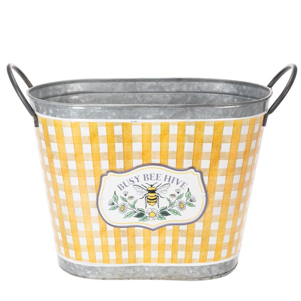 Ovaler Zinkeimer mit gelbem Karomuster, zwei Griffen und Bienen-Motiv Busy Bee Hive.